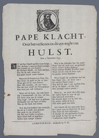 KG 15637
<br/>
'Pape klacht over het verliezen en de uyt-toght van Hulst'
<br/>
<em>anoniem NL (17de eeuw)</em>